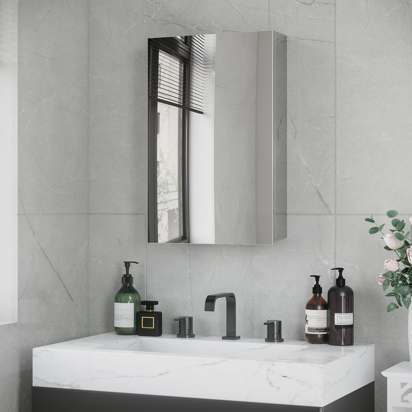 Modern stainless steel medicine cabinet with mirrored door ideal for bathroom storage