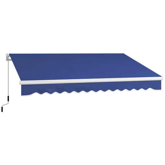 Blue retractable awning with scalloped edge and crank mechanism