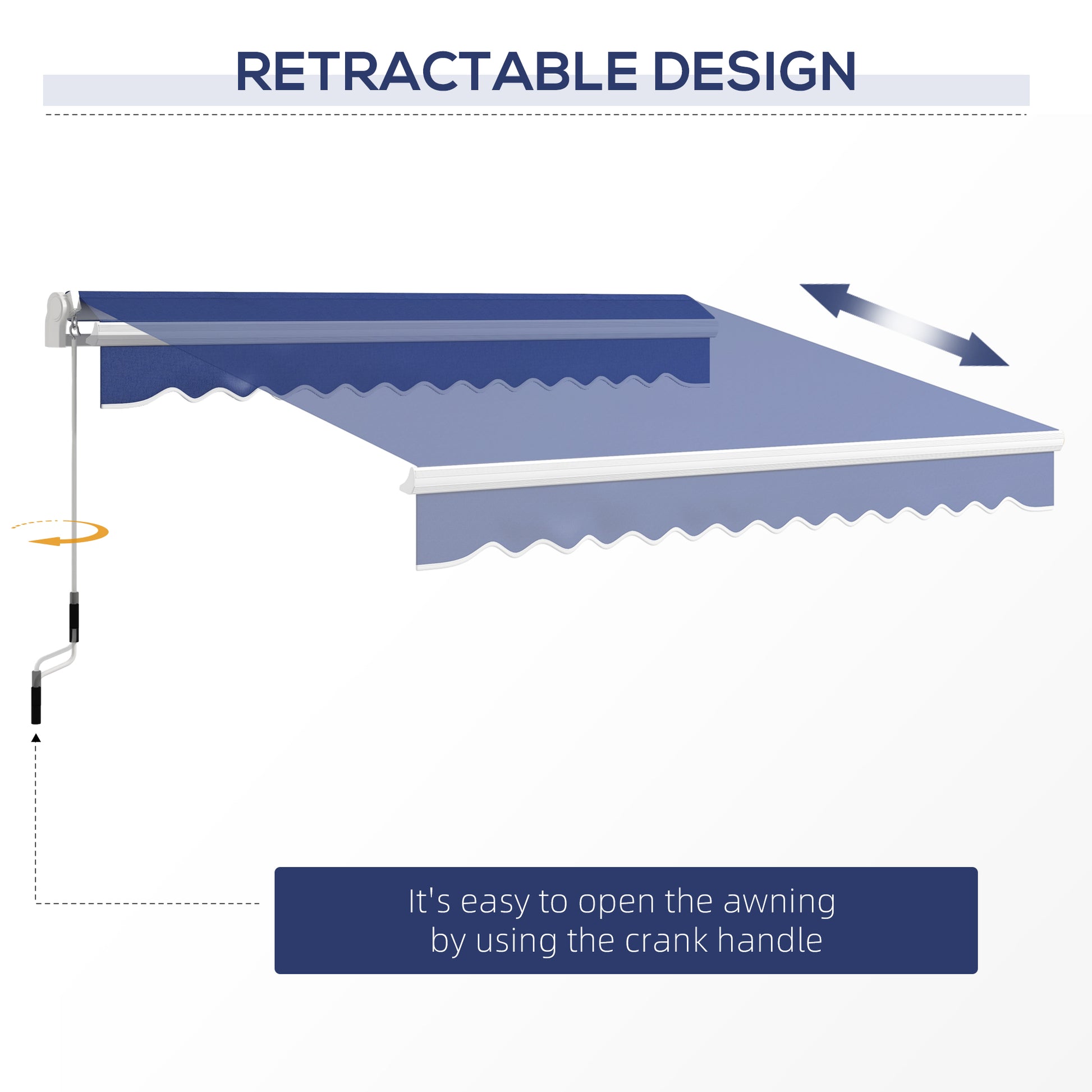 Blue fabric retractable awning with white trim and scalloped edge operated by crank