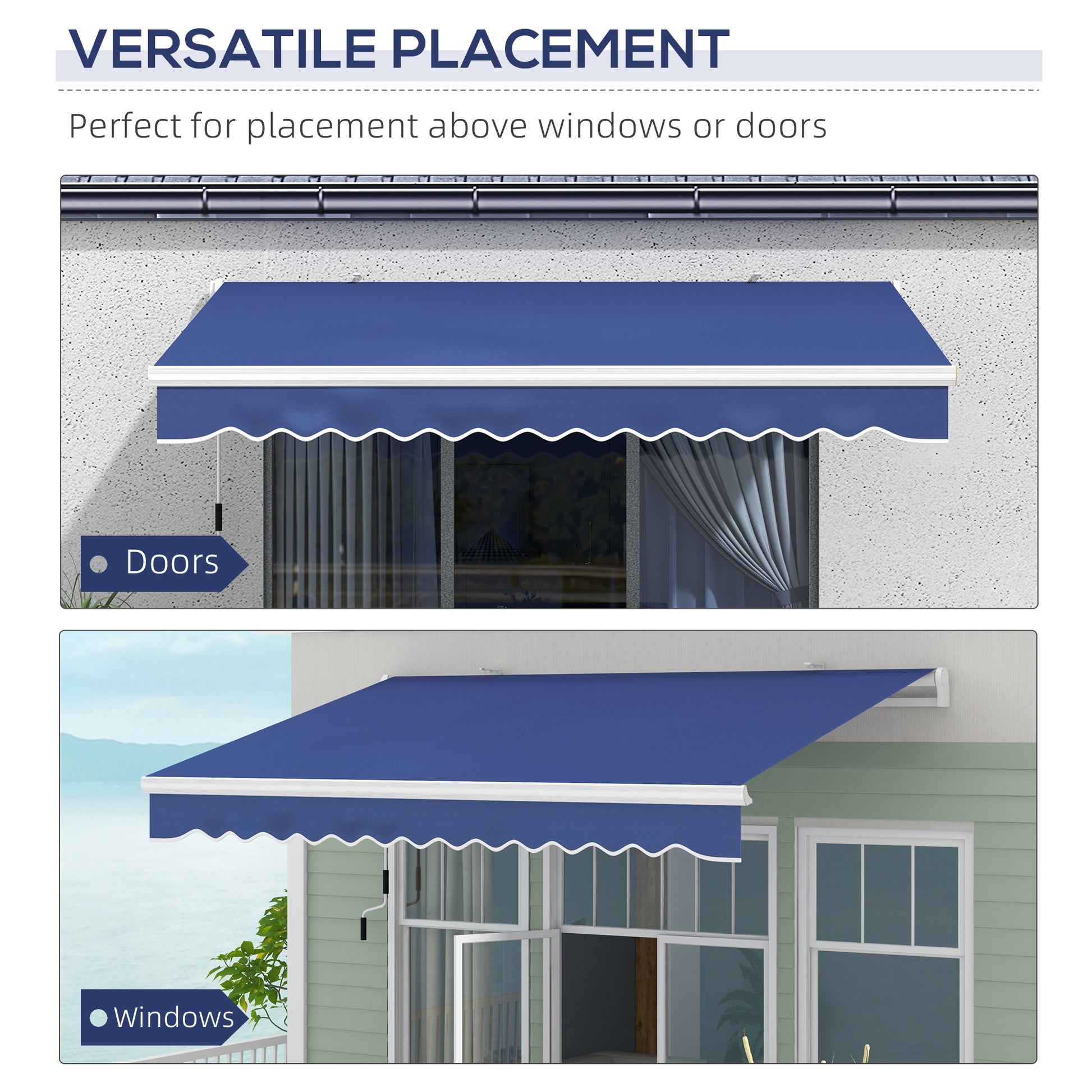 Navy blue retractable awning installed above a set of glass doors