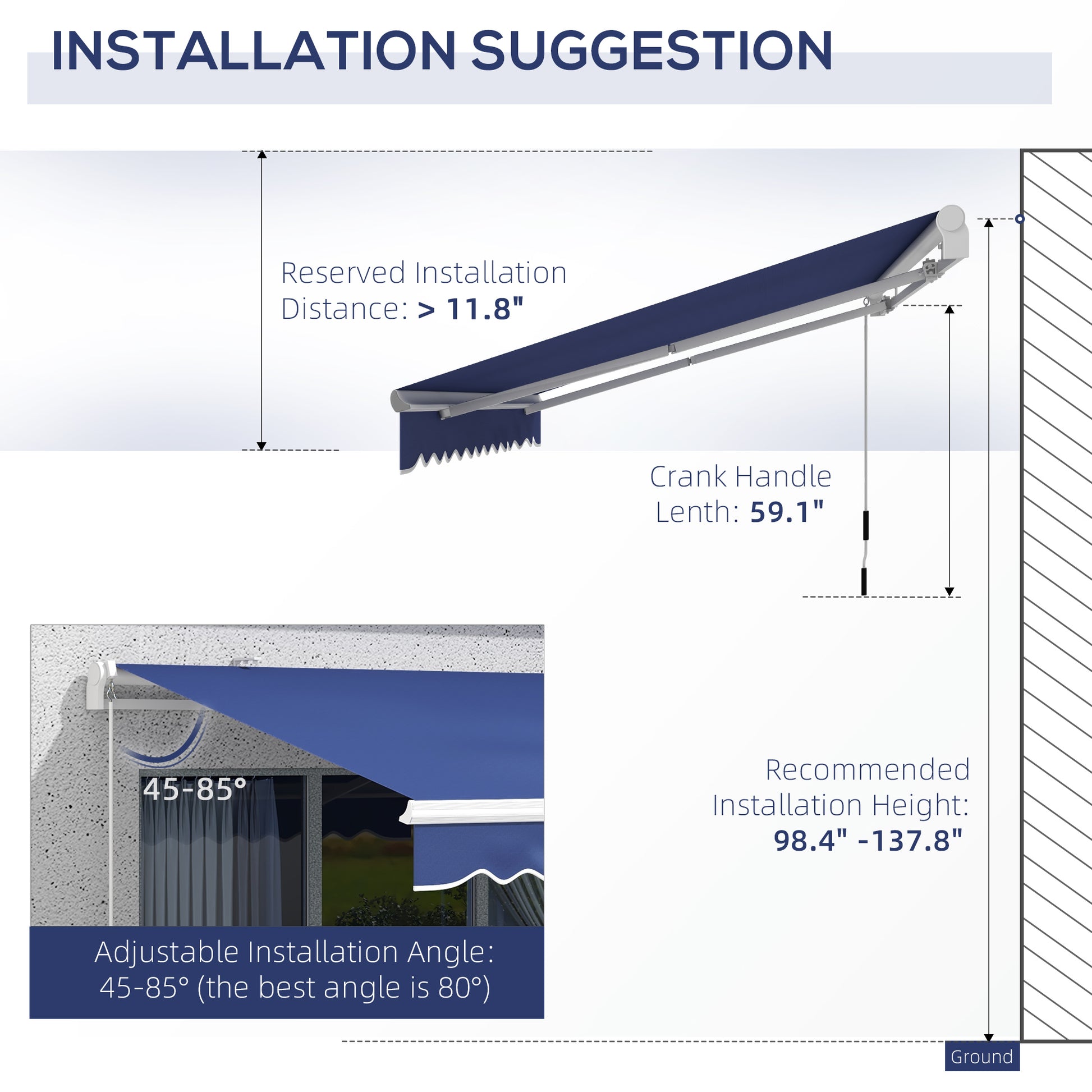 Retractable awning with blue fabric showing installation dimensions for height distance and crank