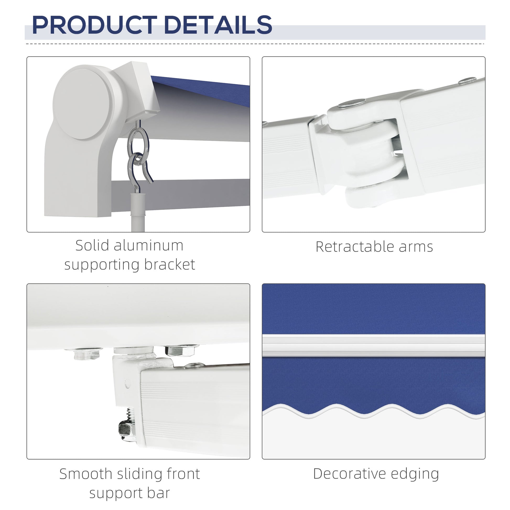 White aluminum bracket for retractable awning with secure metal hook