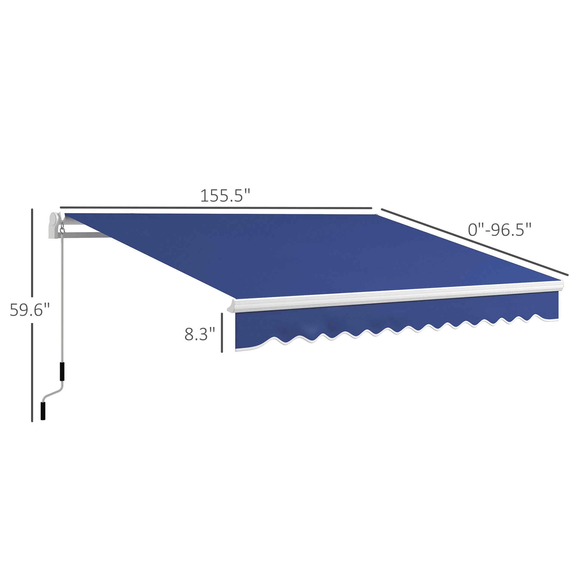 Dark blue retractable awning with scalloped valance and white trim Dimensions  W x  H