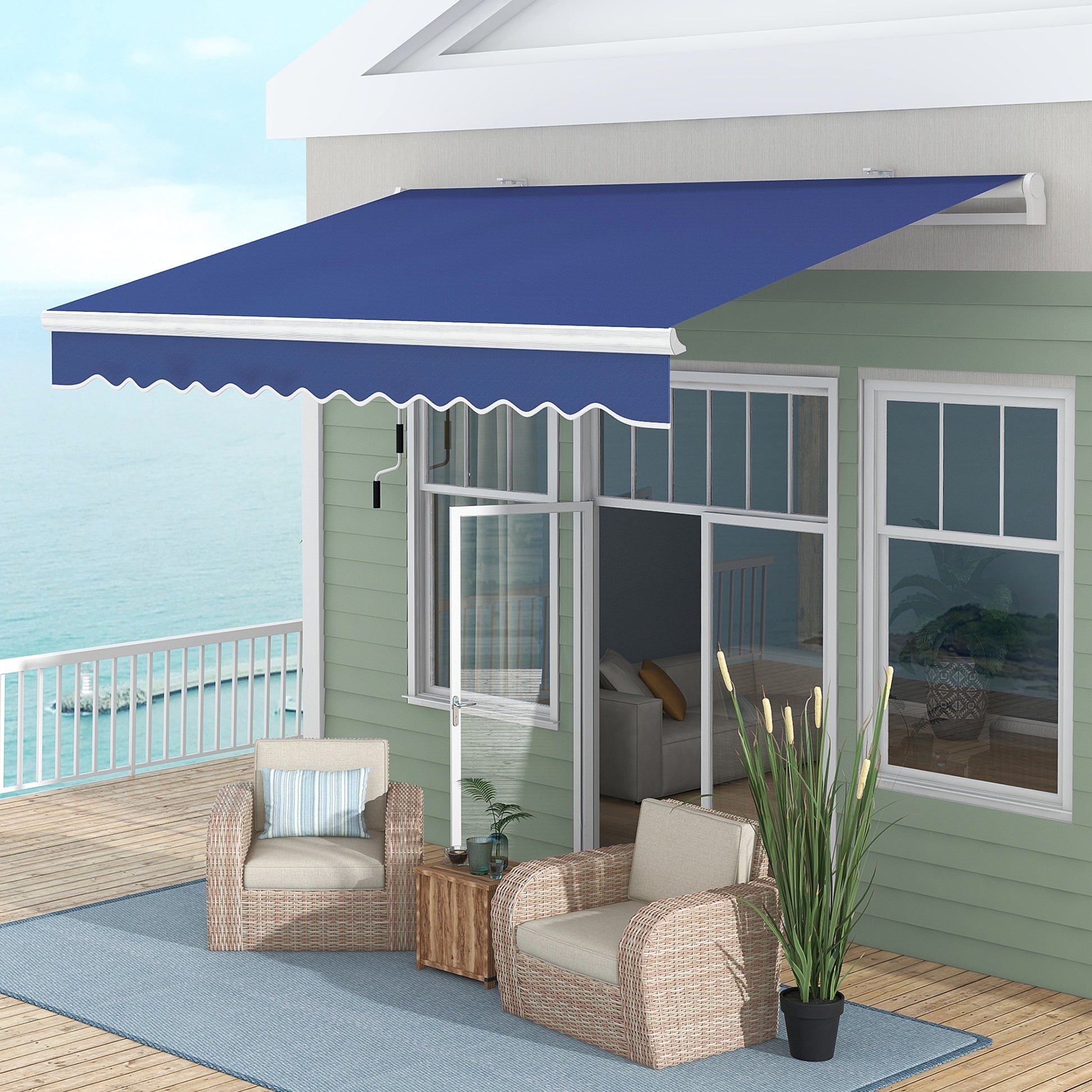 Retractable awning in navy blue fabric with scalloped valance for patio shade