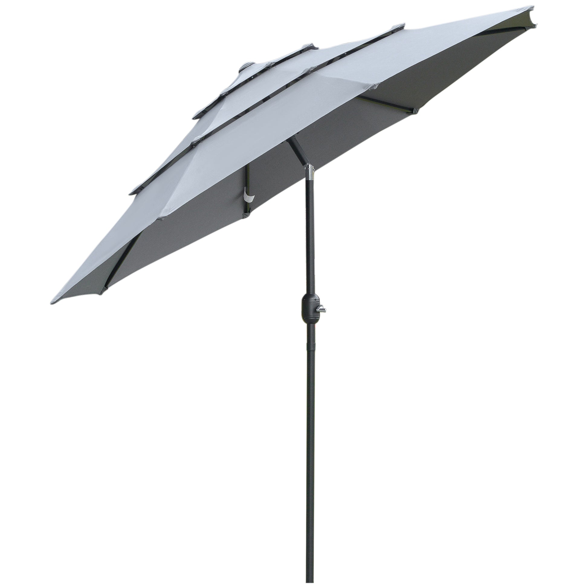 Gray tiered patio umbrella with a black pole and tilt mechanism