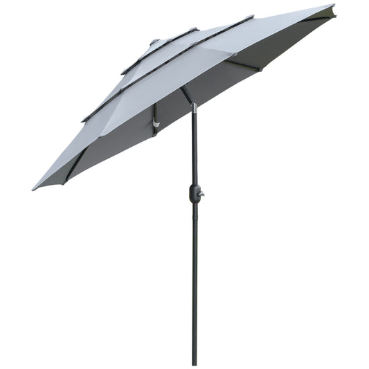 Gray tiered patio umbrella with a black pole and tilt mechanism