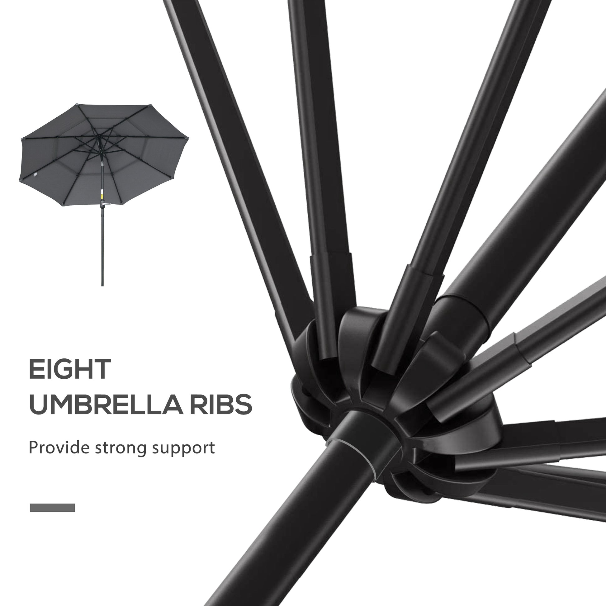 Closeup of a dark gray umbrella canopy with eight black metal ribs for strong support