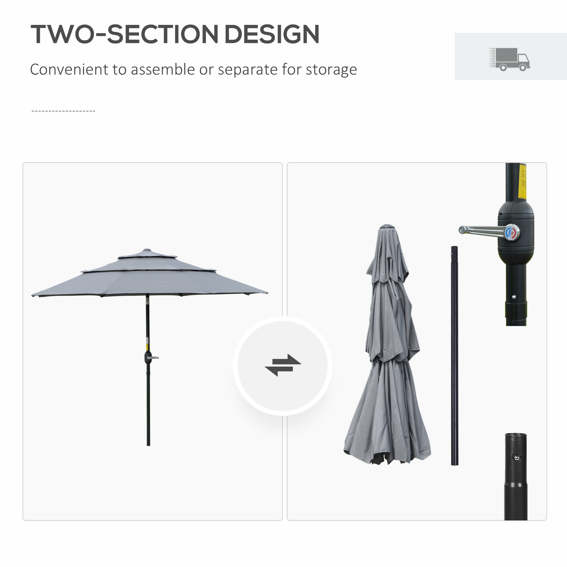 Gray patio umbrella opened showing tiered canopy design for outdoor shade