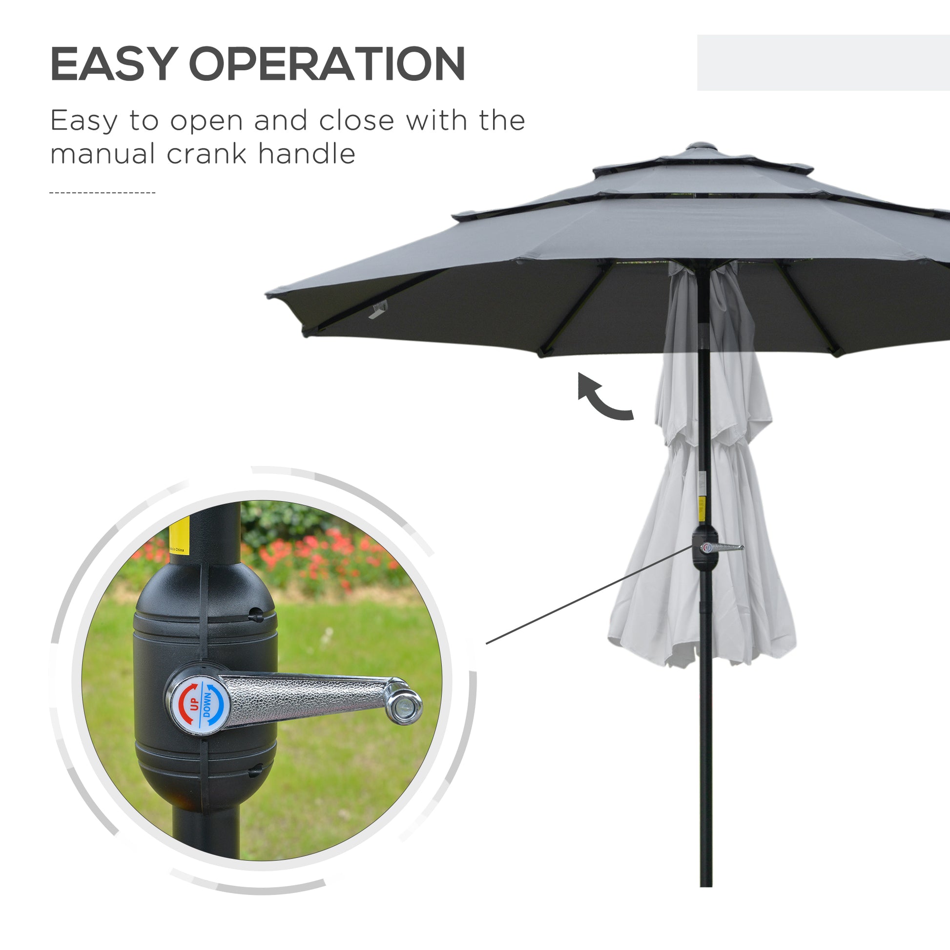 Gray patio umbrella with manual crank mechanism for easy operation