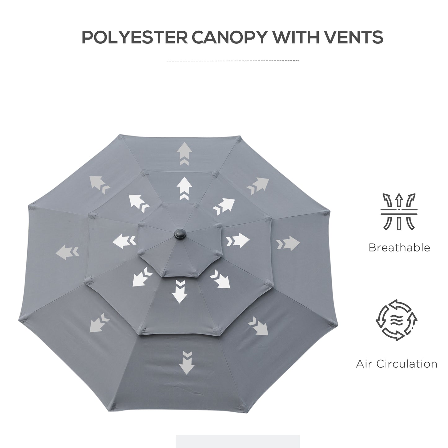 Gray twotier polyester patio umbrella canopy with white air vent graphics