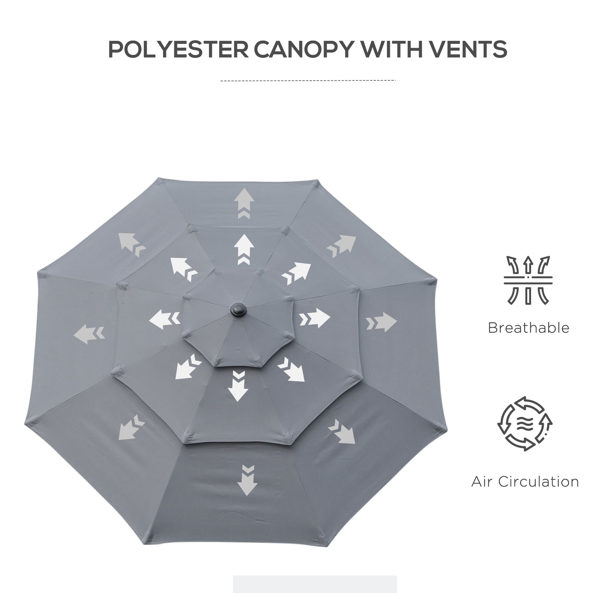 Gray twotier polyester patio umbrella canopy with white air vent graphics