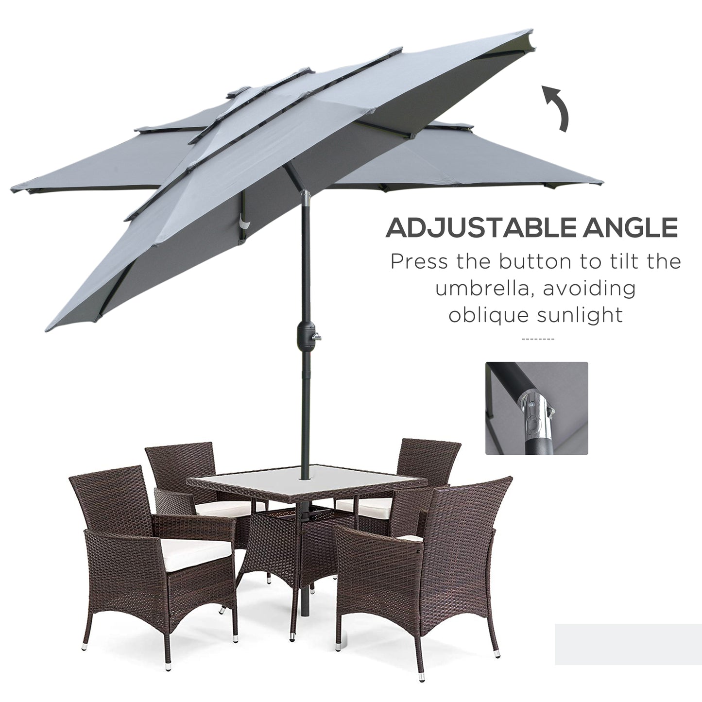 Gray tiered patio umbrella with tilt function over wicker dining set with white cushions