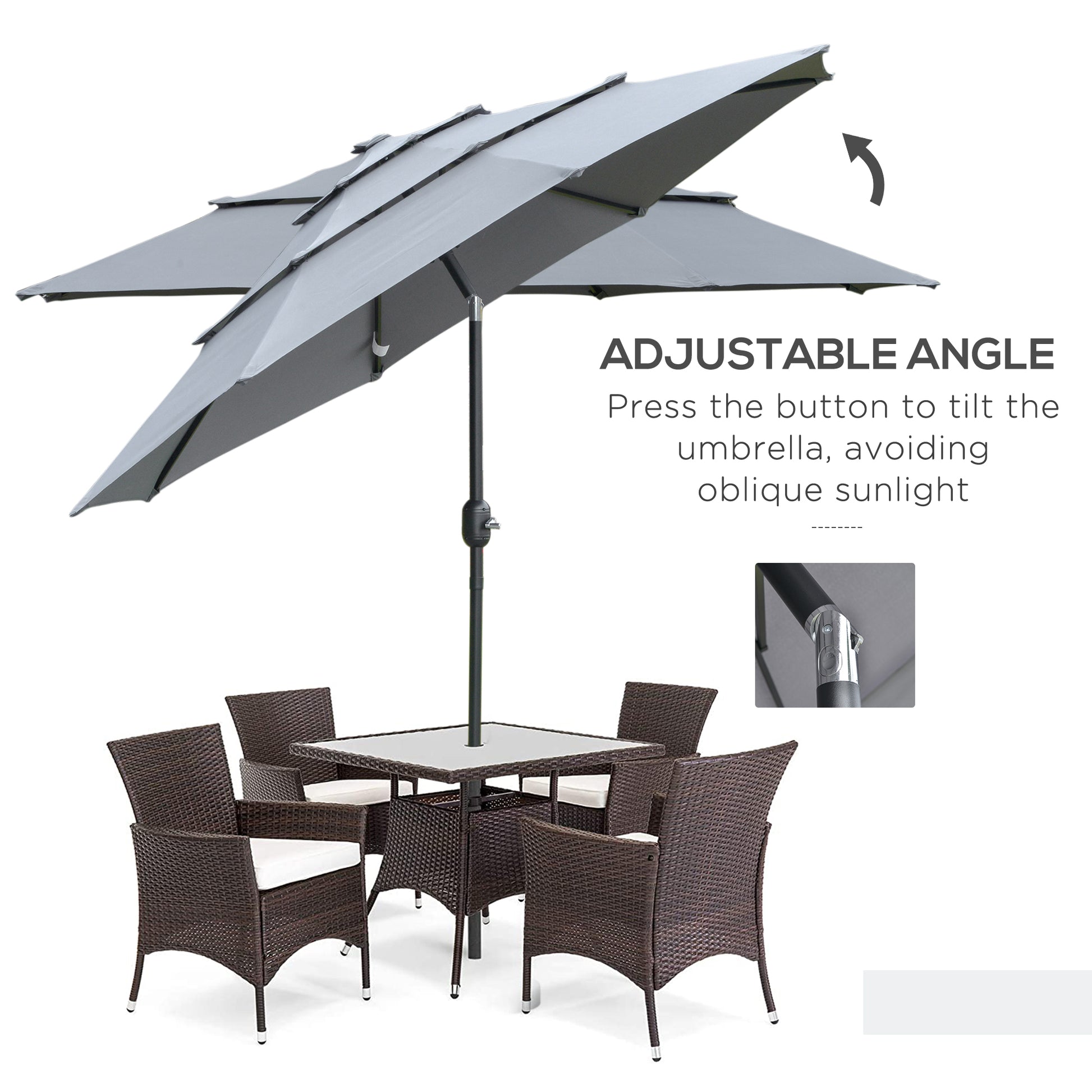 Gray tiered patio umbrella with tilt function over wicker dining set with white cushions