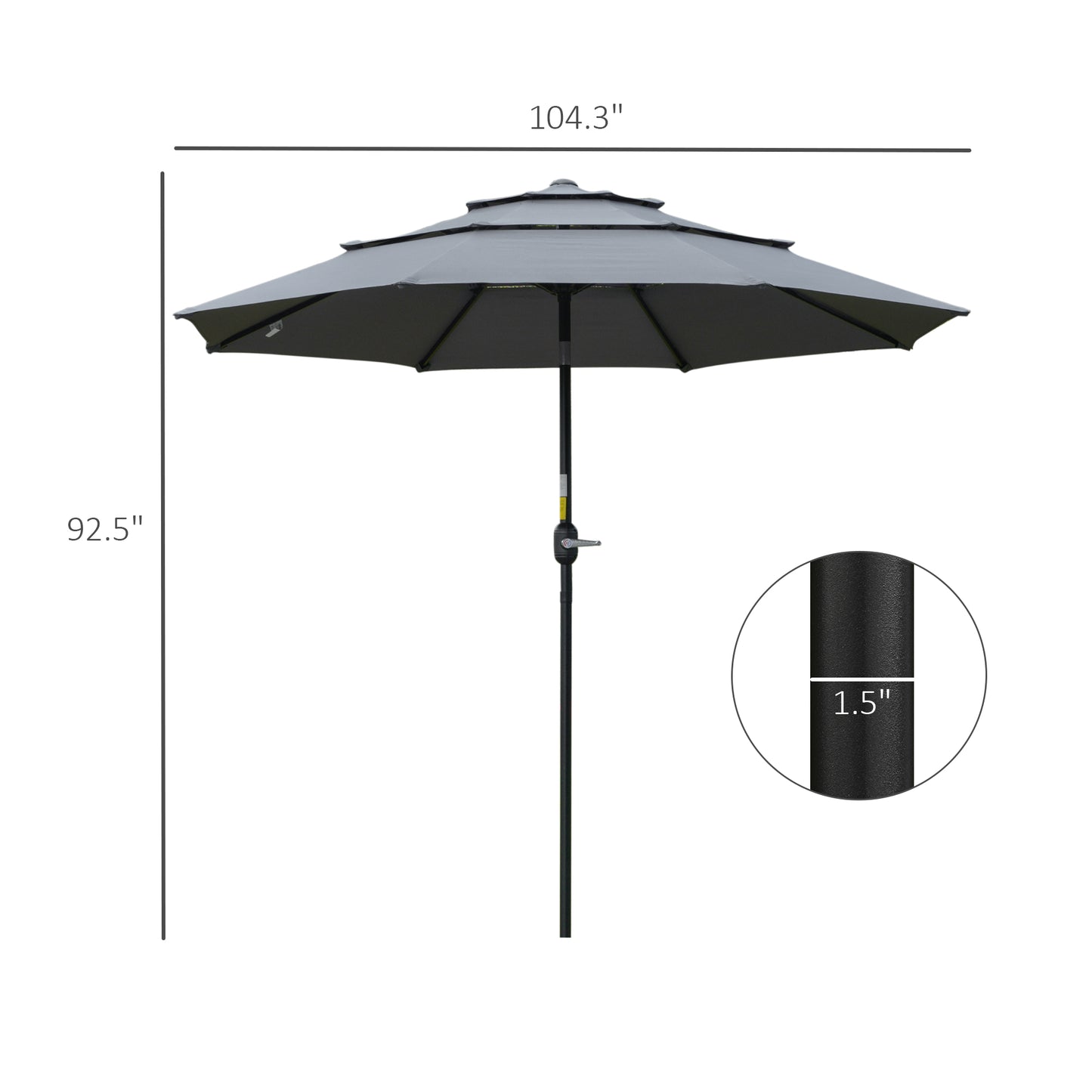 Dark gray patio umbrella with tiered canopy and  diameter pole