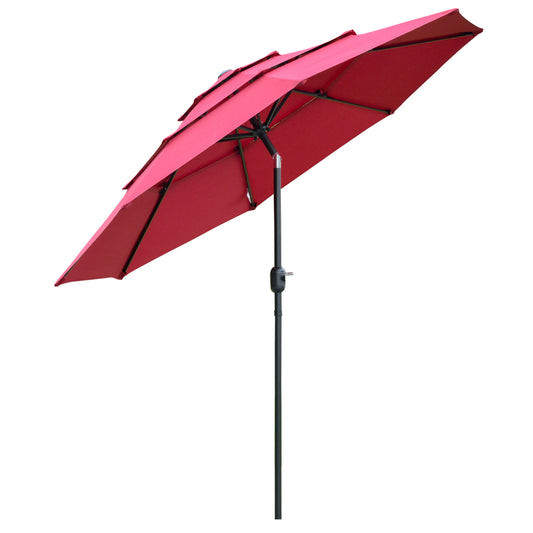 Red doublelayer patio umbrella with a sturdy black pole for outdoor shade