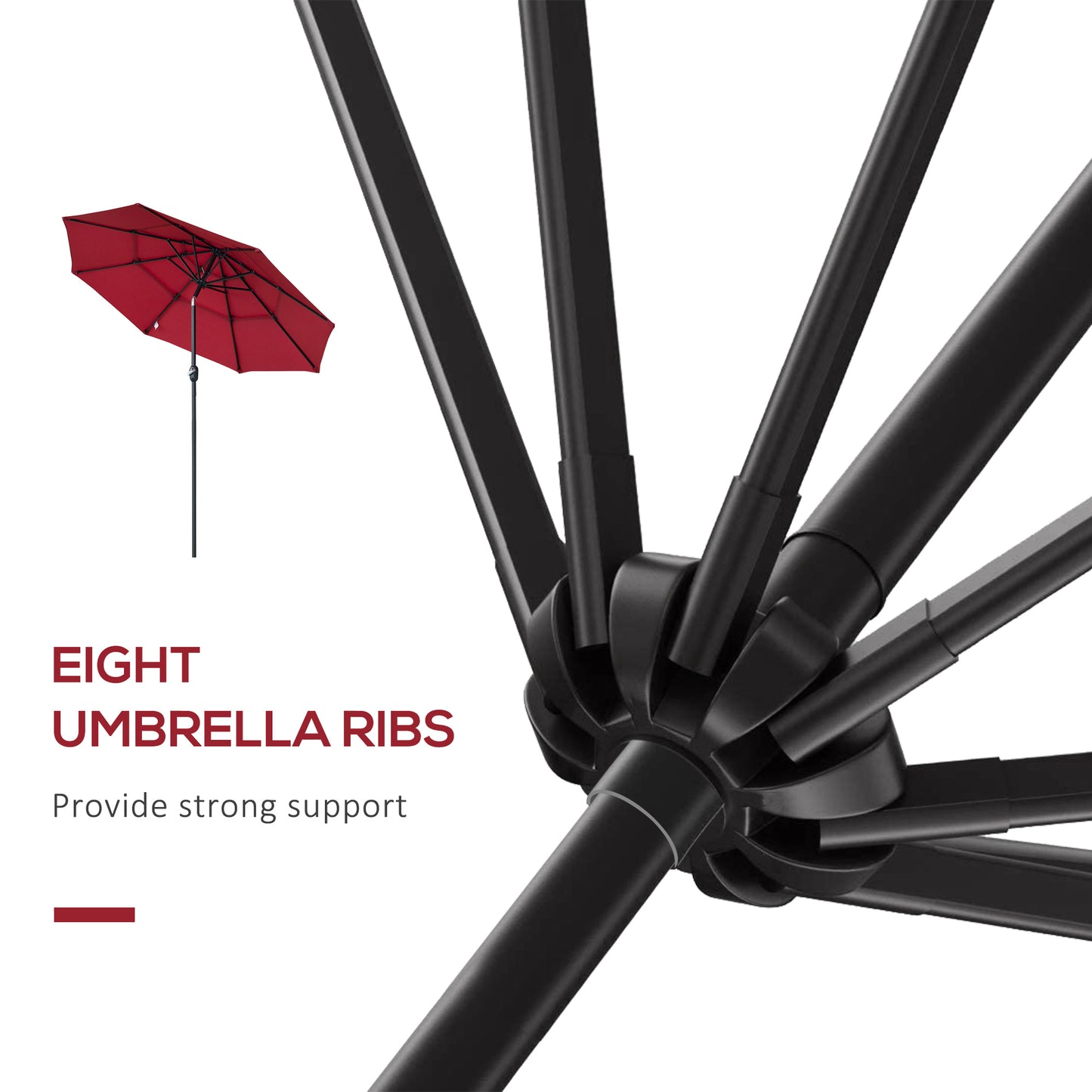 Red patio umbrella with eight sturdy metal ribs and a black pole