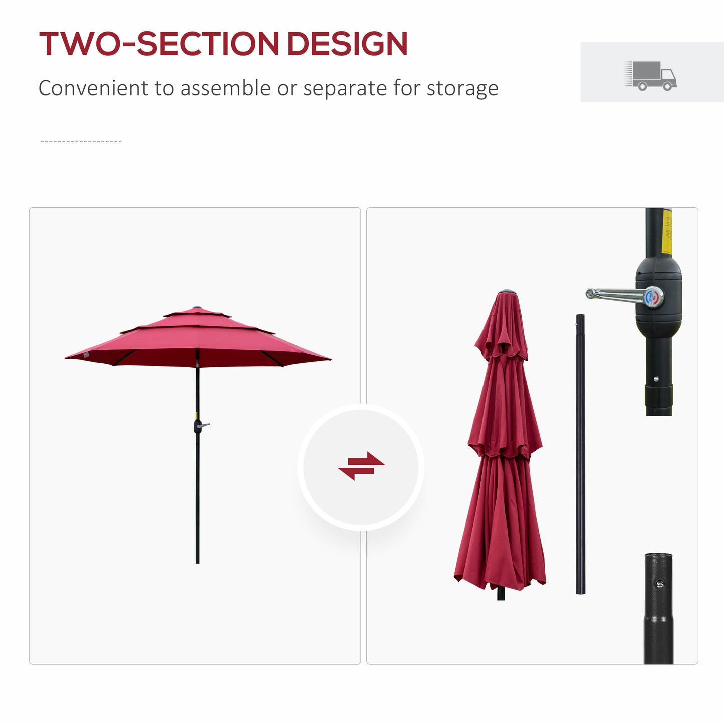 Open red patio umbrella with tiered canopy ready for outdoor use
