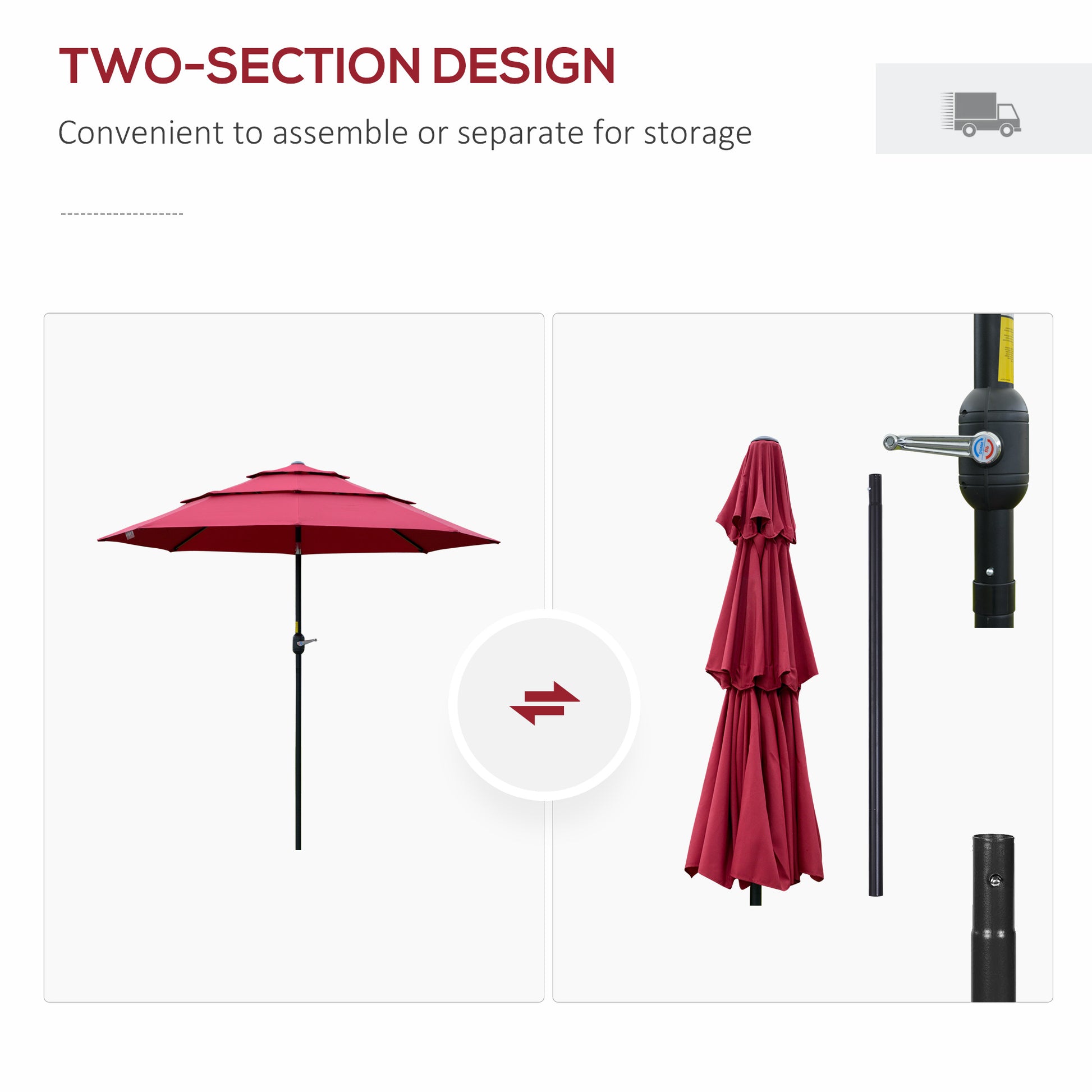Open red patio umbrella with tiered canopy ready for outdoor use