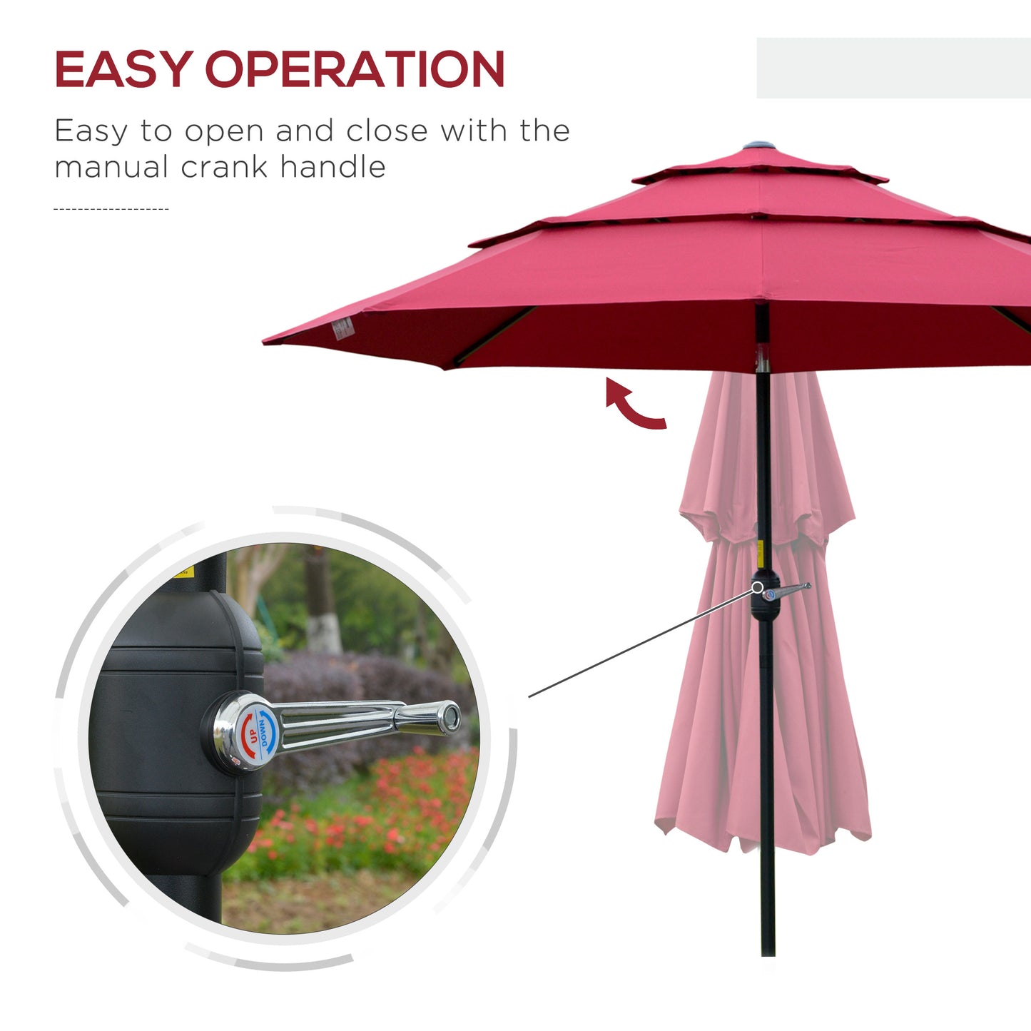 Red outdoor patio umbrella with easy crank mechanism for opening and closing
