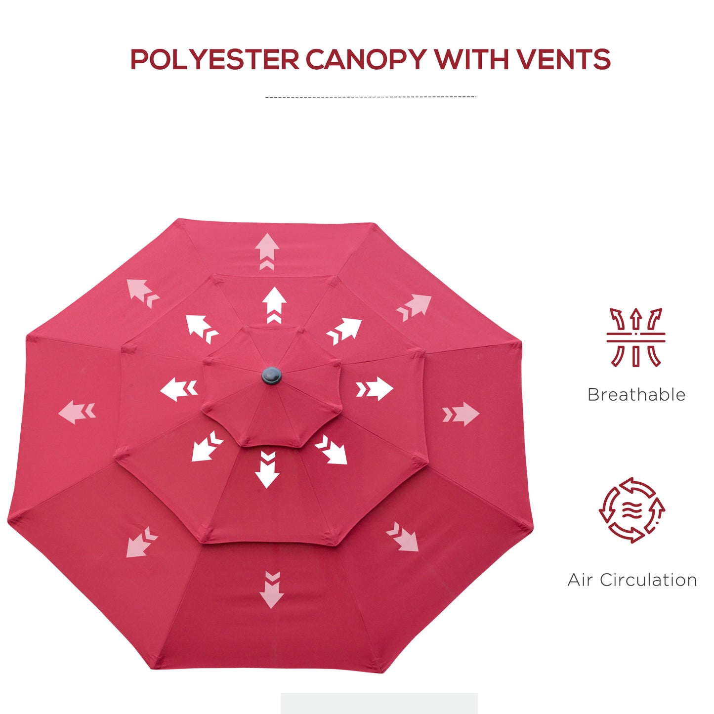 Red polyester patio umbrella canopy with double vents for airflow