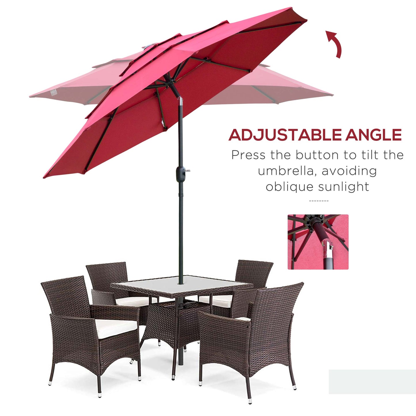 Red patio umbrella with adjustable tilt mechanism over a wicker dining set for outdoor seating