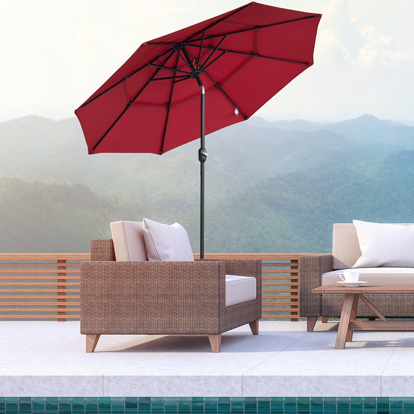 Red patio umbrella with black metal frame on a balcony