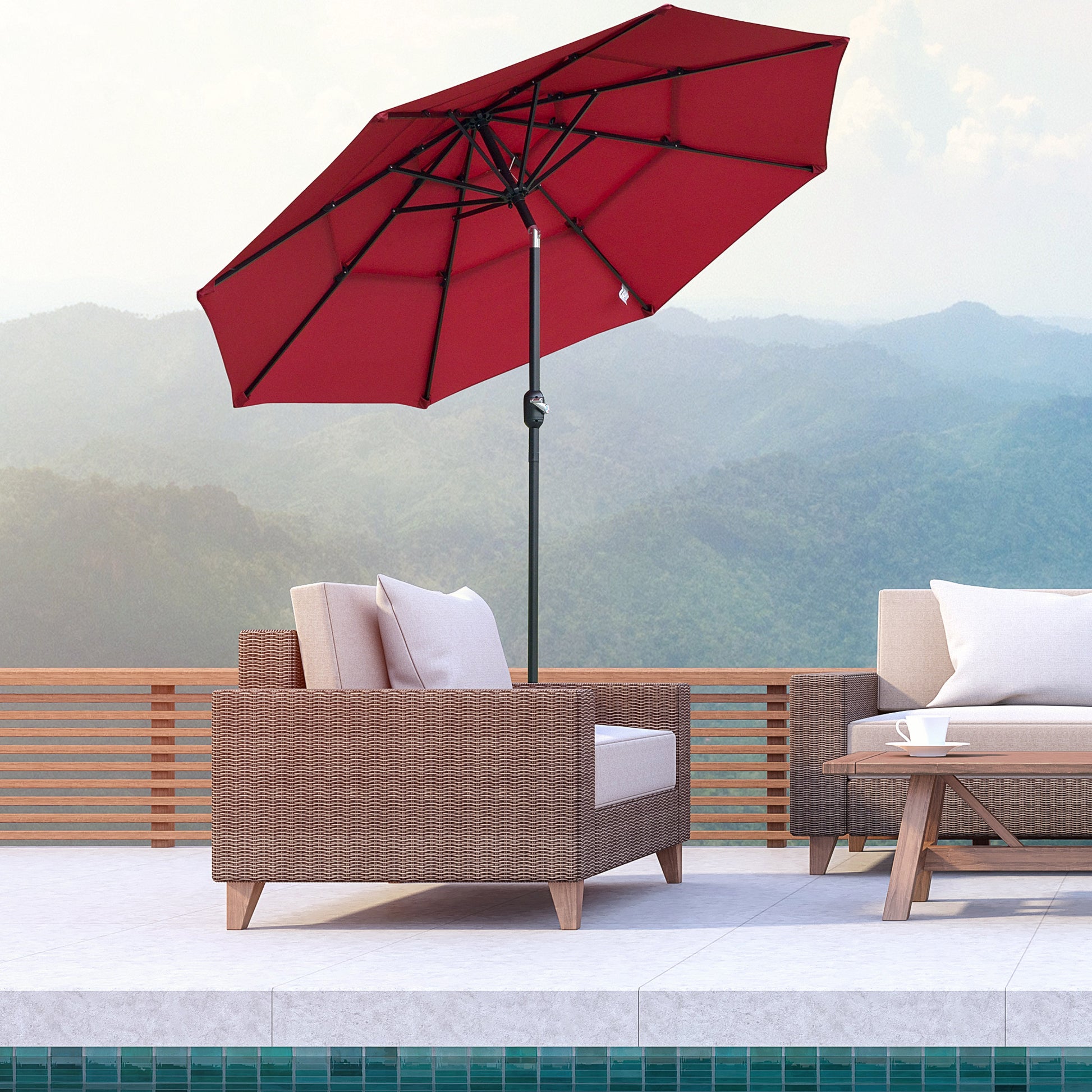 Red patio umbrella with black metal frame on a balcony