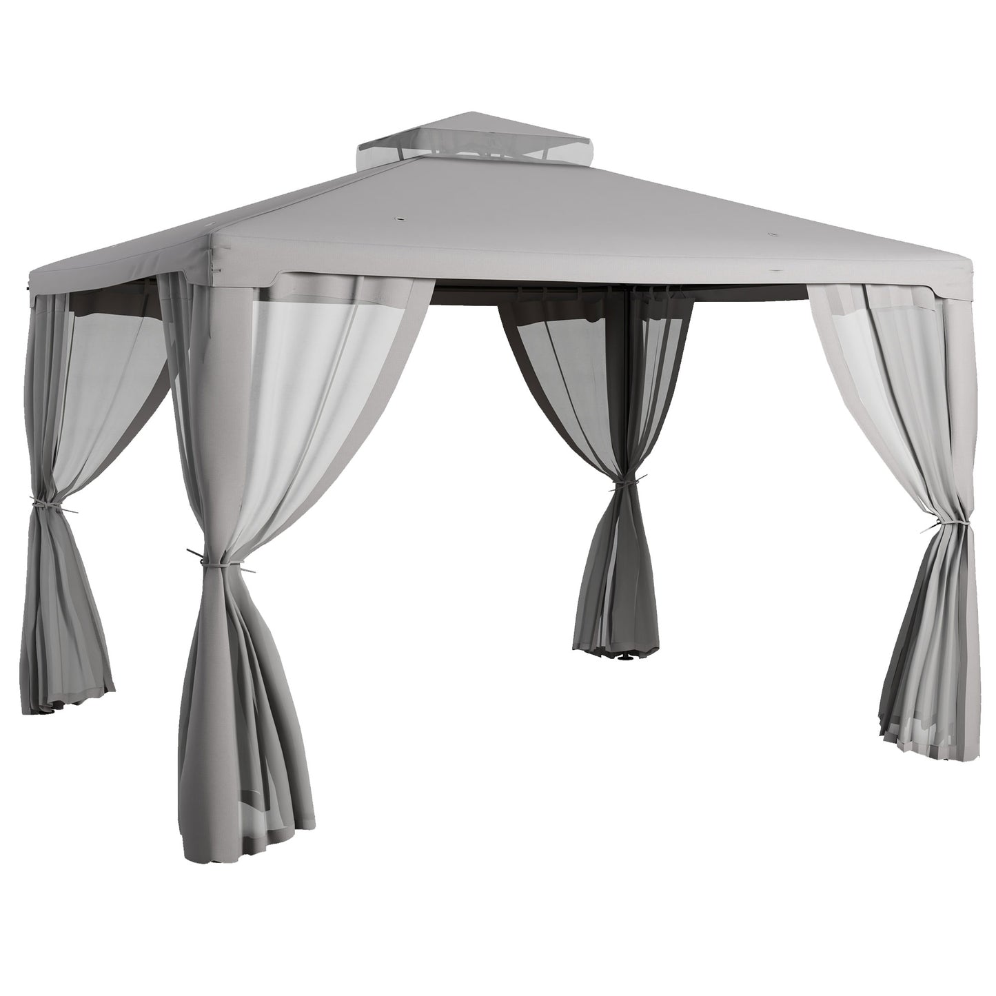 Grey hexagonal outdoor gazebo with sheer curtains for patio shade