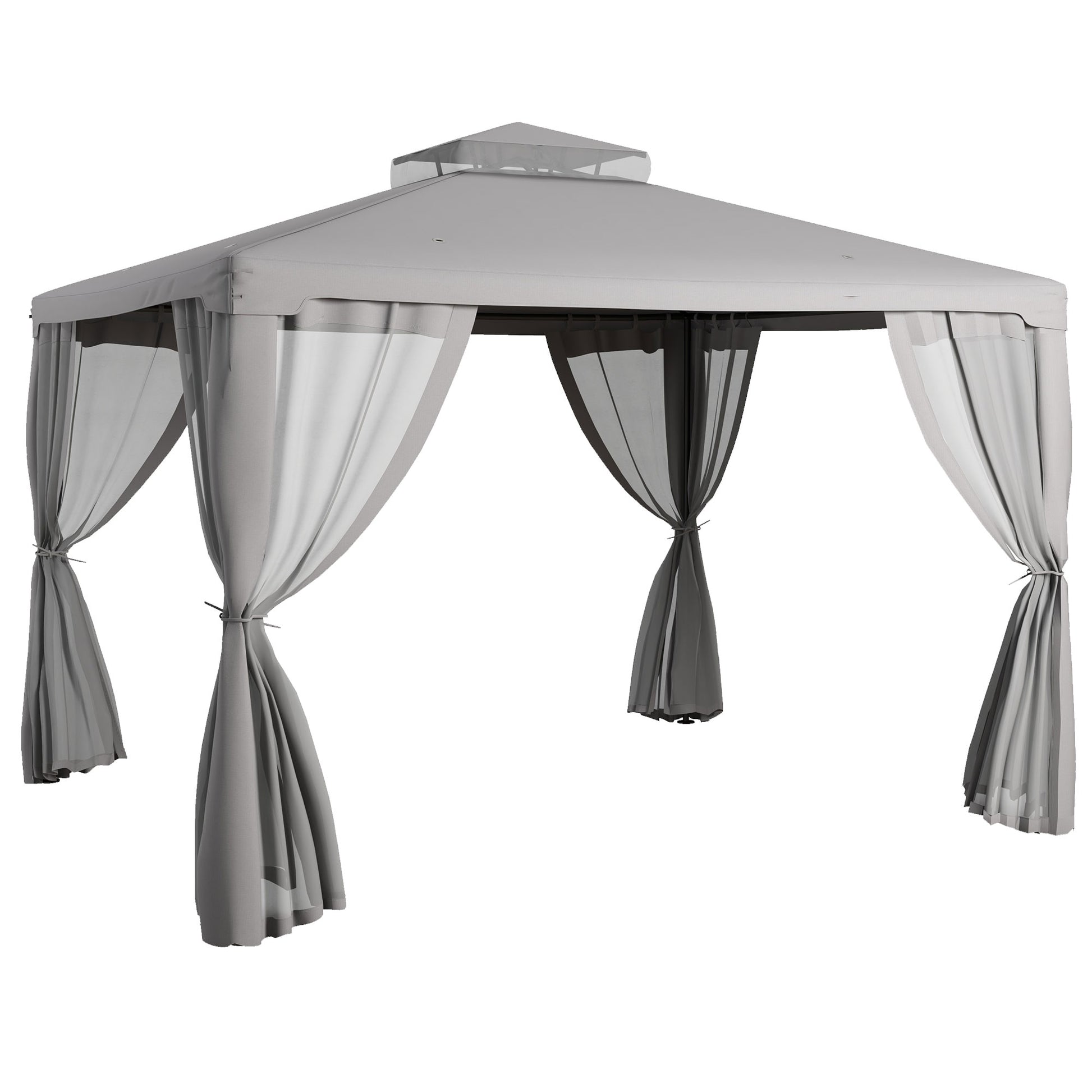 Grey hexagonal outdoor gazebo with sheer curtains for patio shade
