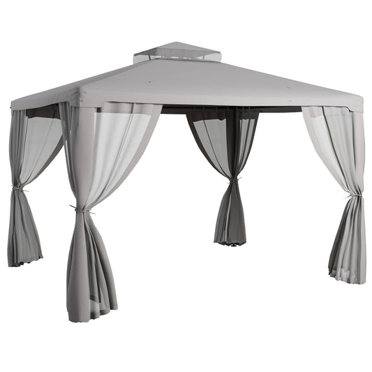 Grey hexagonal outdoor gazebo with sheer curtains for patio shade