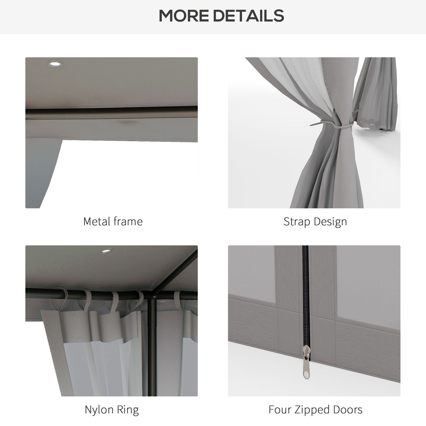 Closeup of grey metal frame detail on outdoor gazebo showing lighting
