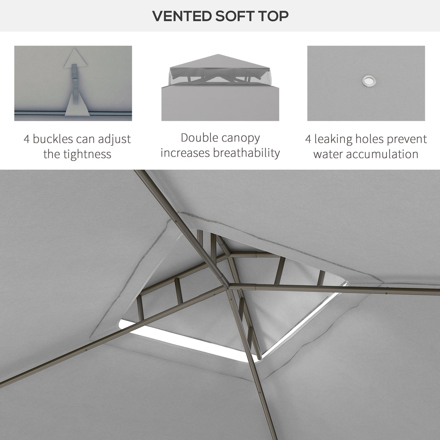 Closeup of a grey fabric umbrella top with  adjustable buckles for tightness