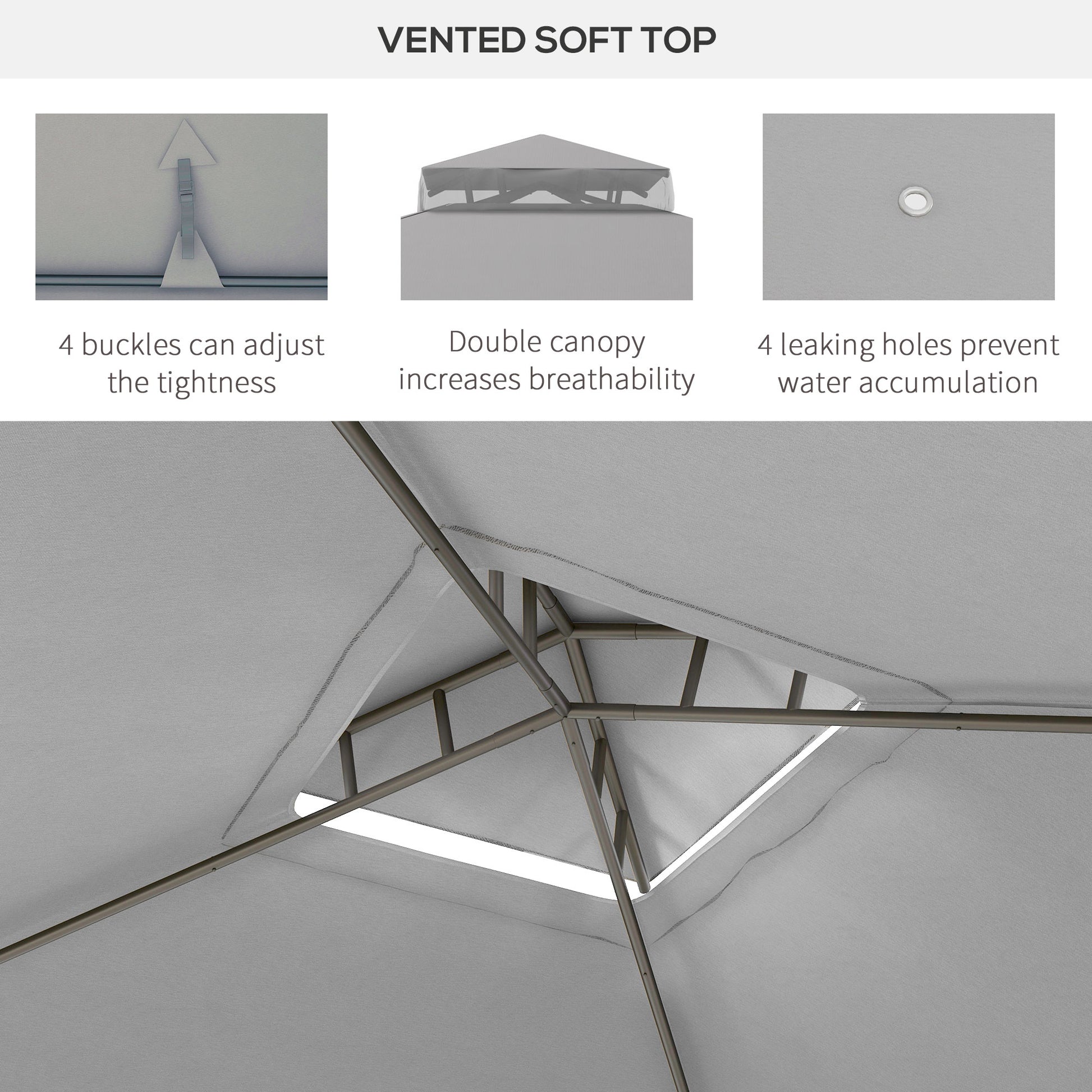 Closeup of a grey fabric umbrella top with  adjustable buckles for tightness