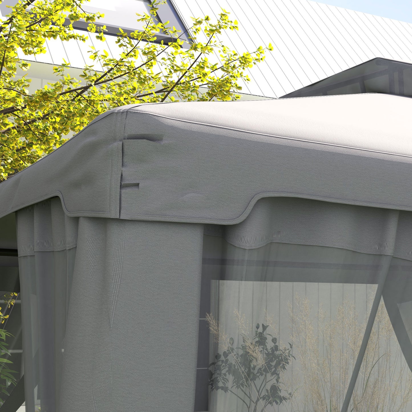 Closeup of gray textured fabric canopy for an outdoor gazebo