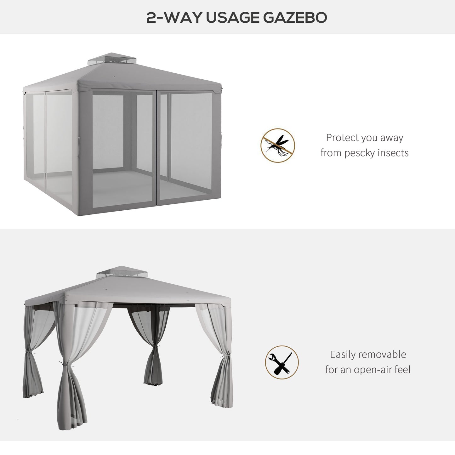 Gray twoway usage gazebo with mosquito netting for outdoor events