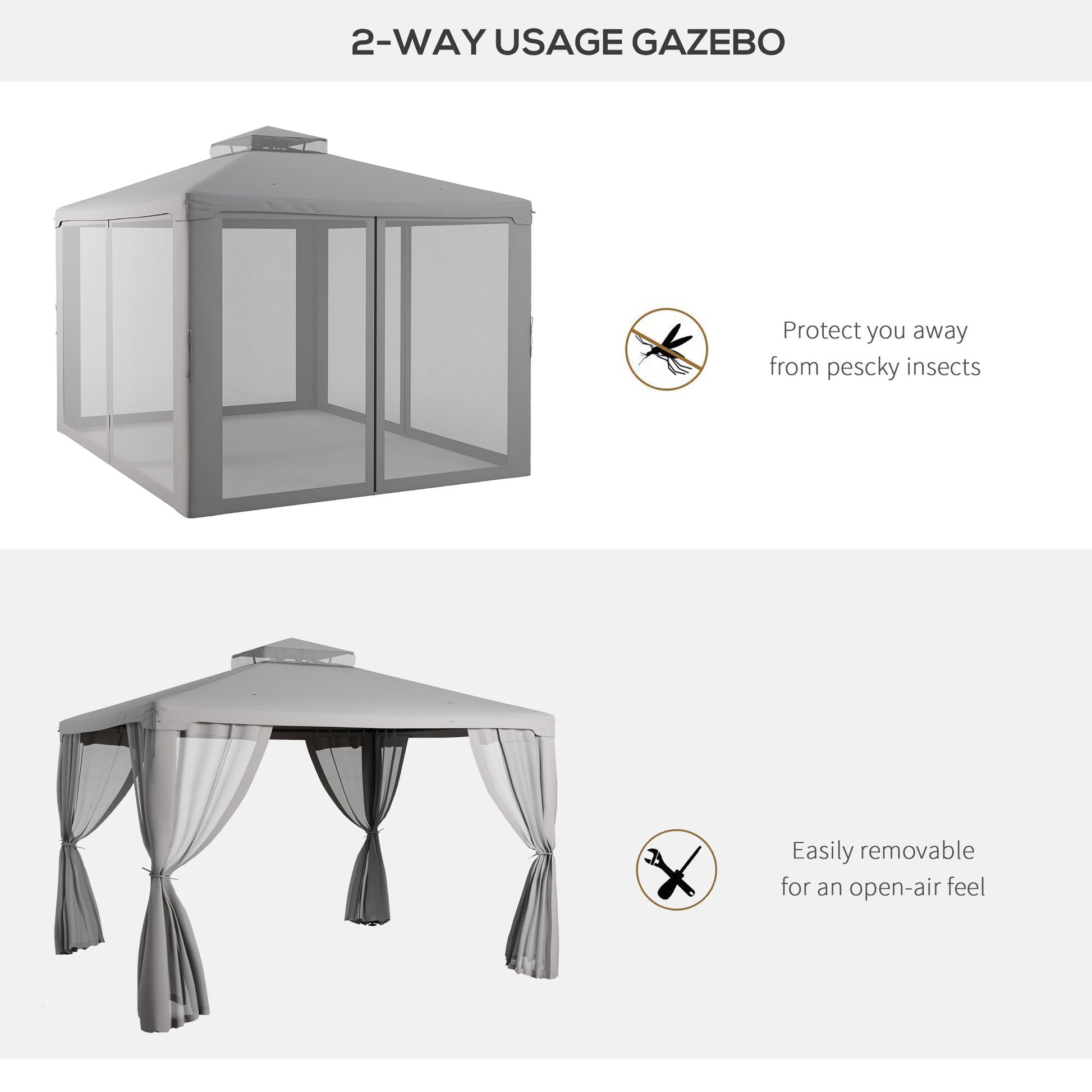 Gray twoway usage gazebo with mosquito netting for outdoor events