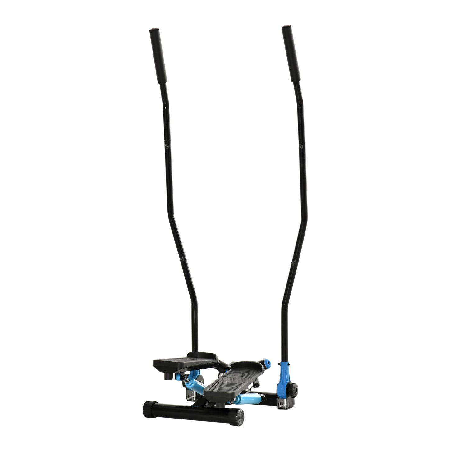 Compact stair stepper machine with black handles and blue accents for home workouts