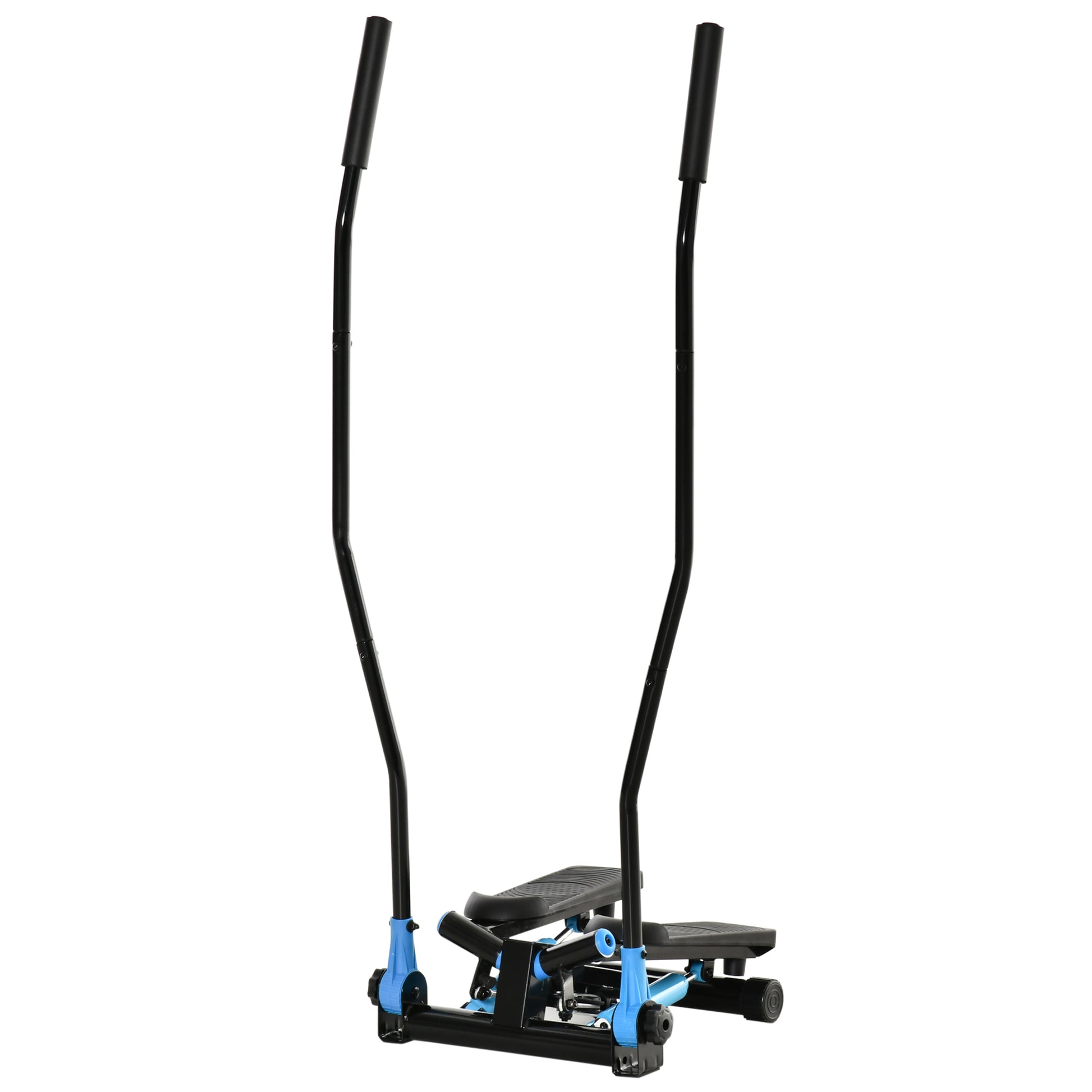Black and blue stepper machine with vertical handlebars for home cardio workouts