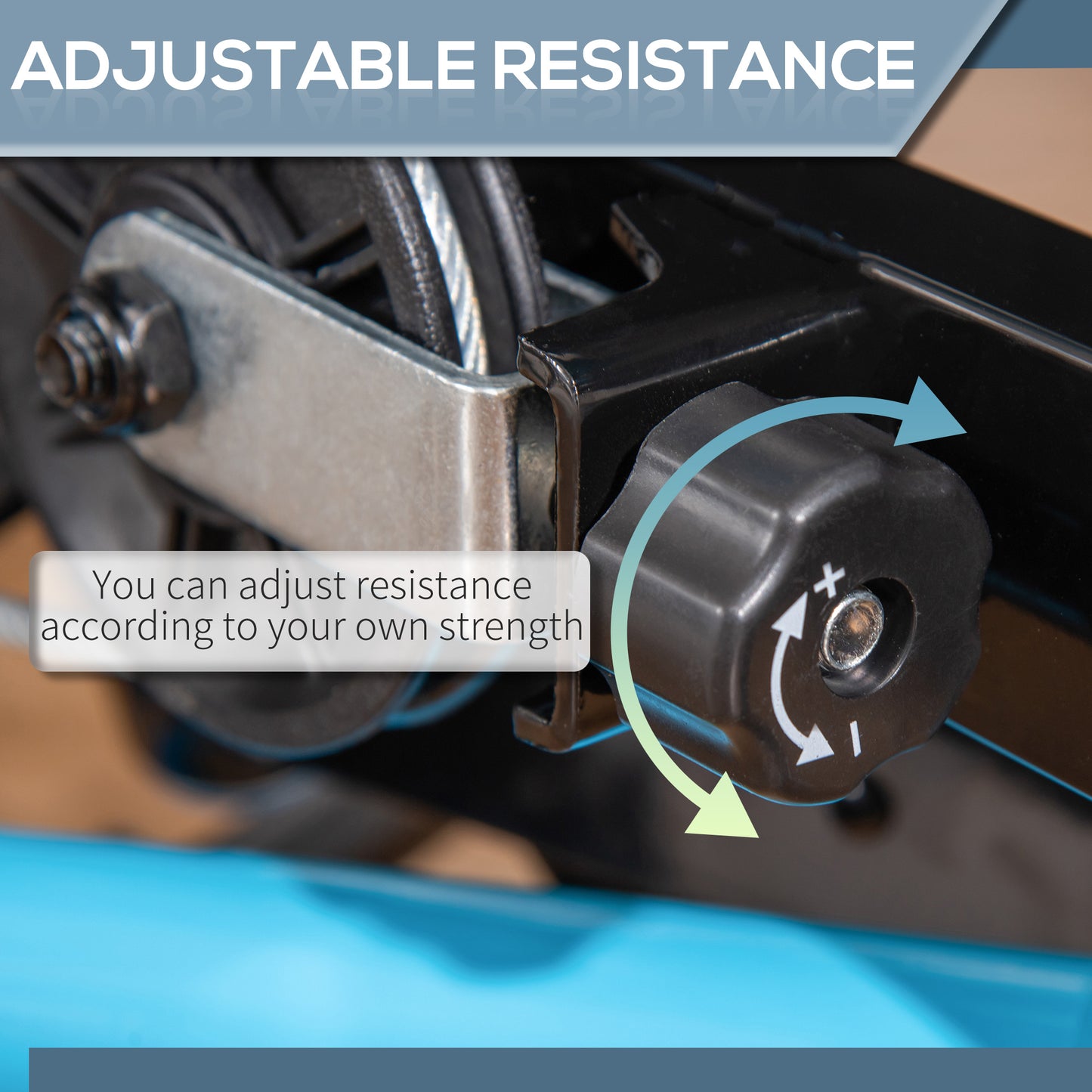Closeup of a black adjustable resistance knob with arrows indicating rotation for intensity change