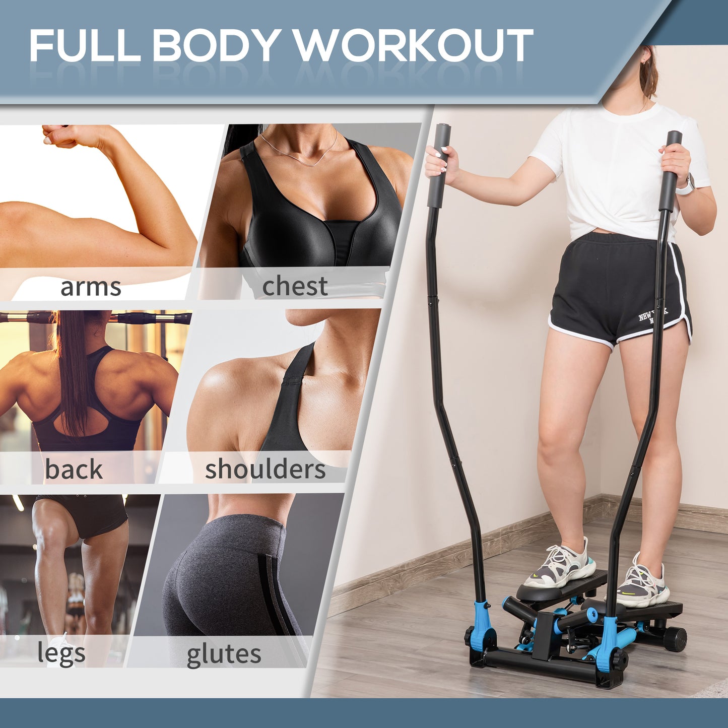 Compact stepper machine with blue accents for a full body workout at home
