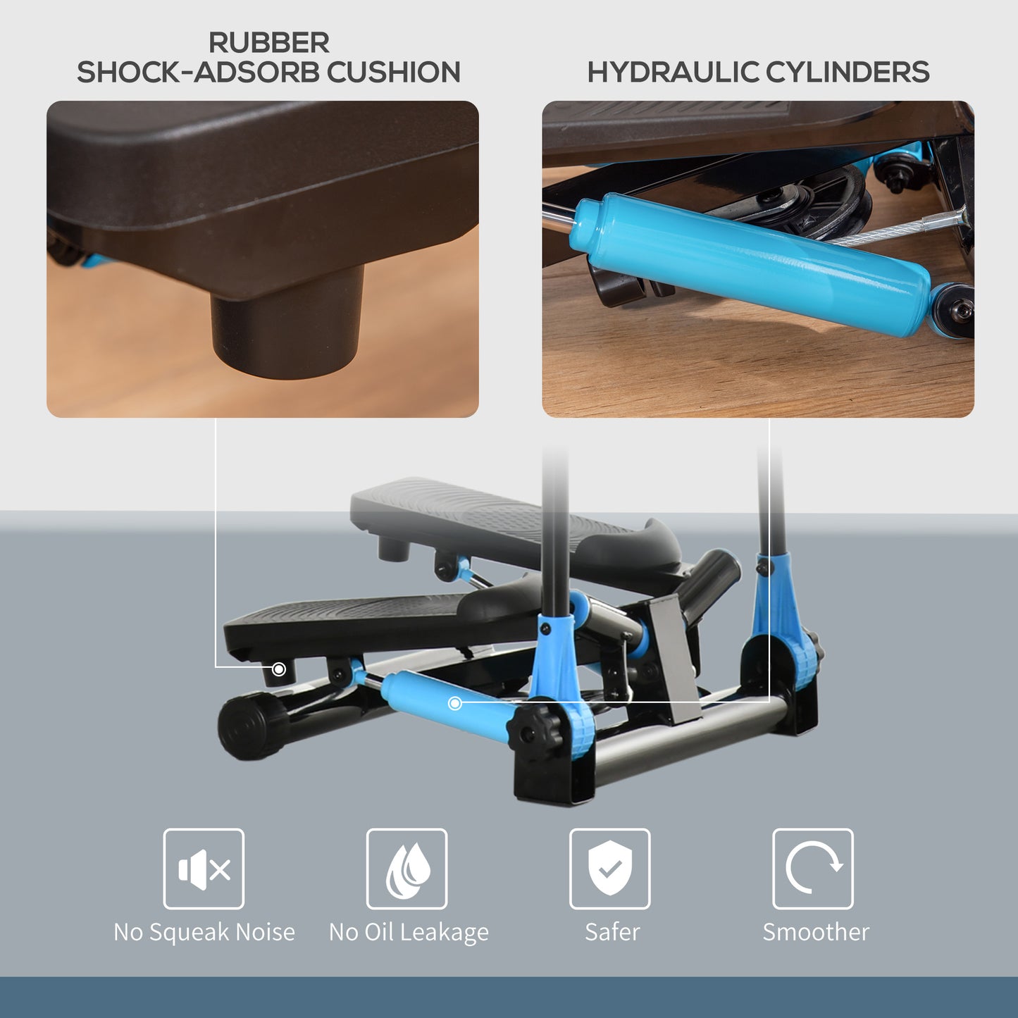 Compact stepper machine featuring rubber shockabsorb cushions for comfort