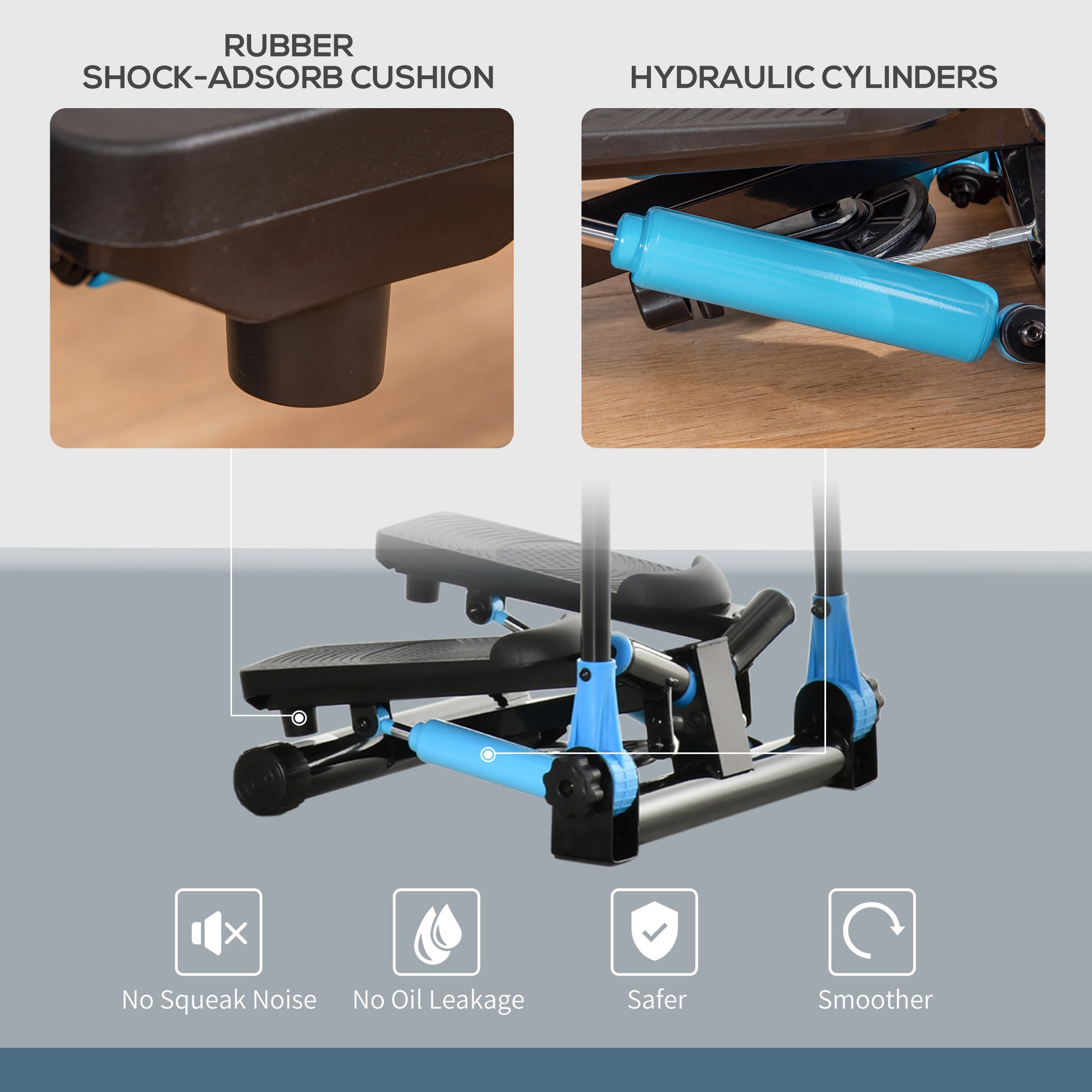 Compact stepper machine featuring rubber shockabsorb cushions for comfort