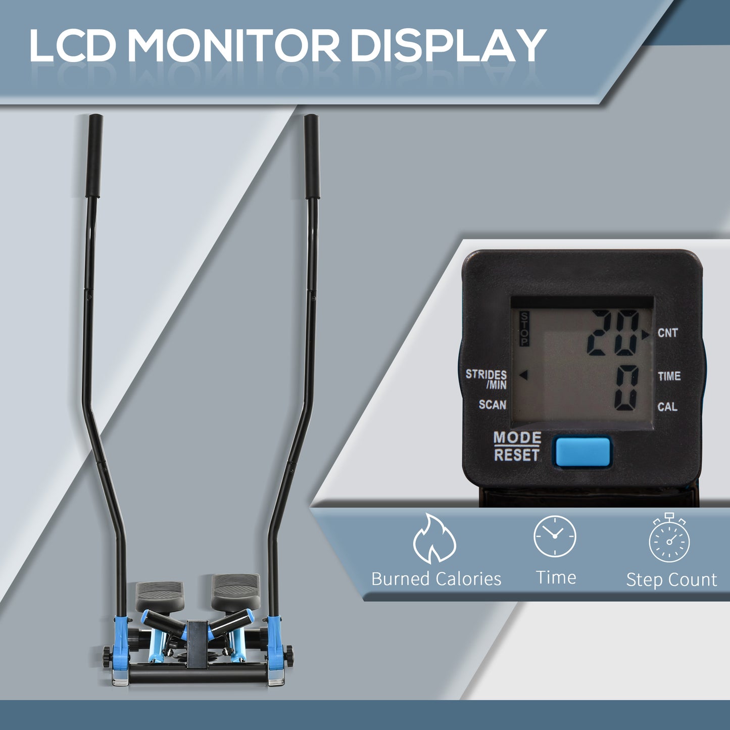Black steppper machine with blue accents and LCD monitor displaying exercise data