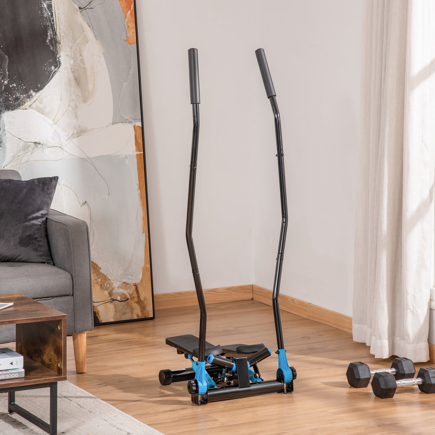 Black and blue mini stepper with adjustable resistance for home workouts