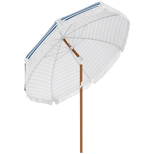 White and blue striped beach umbrella with wooden pole and fringe detail