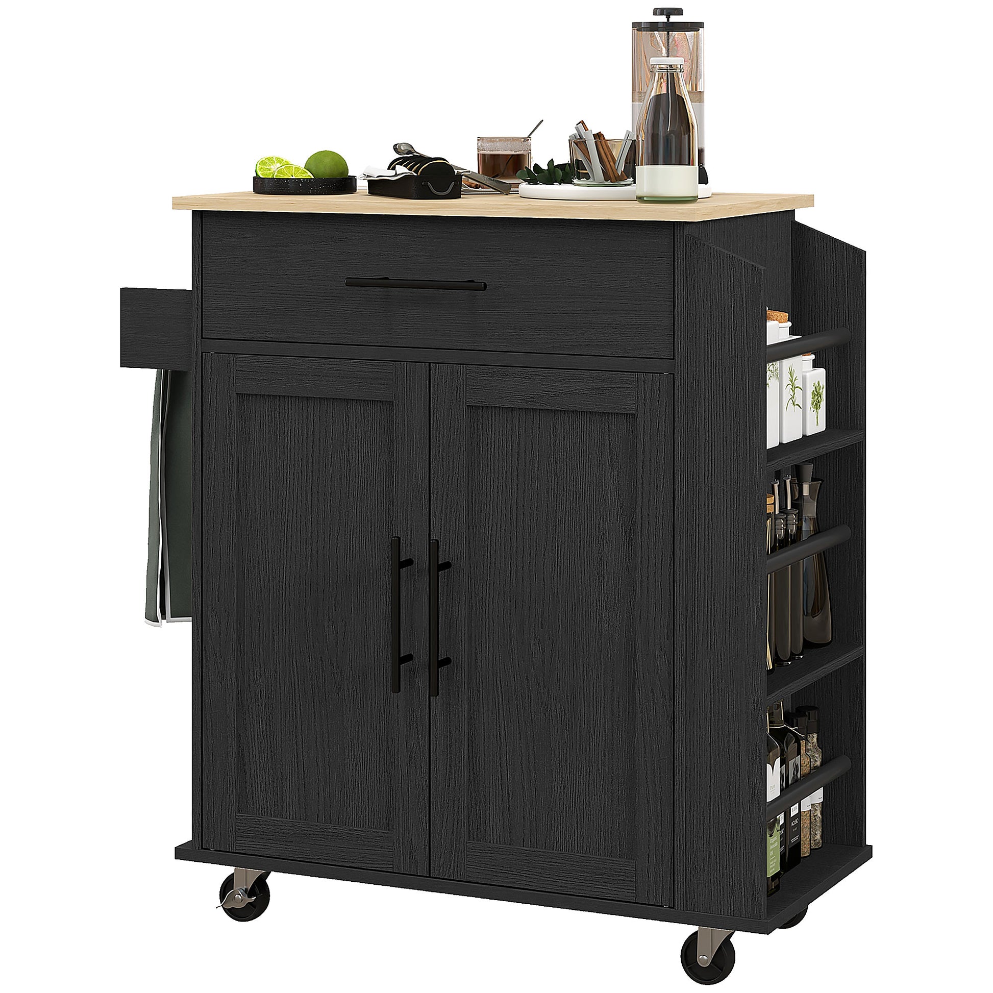 Black kitchen island cart with butcher block top and storage shelves