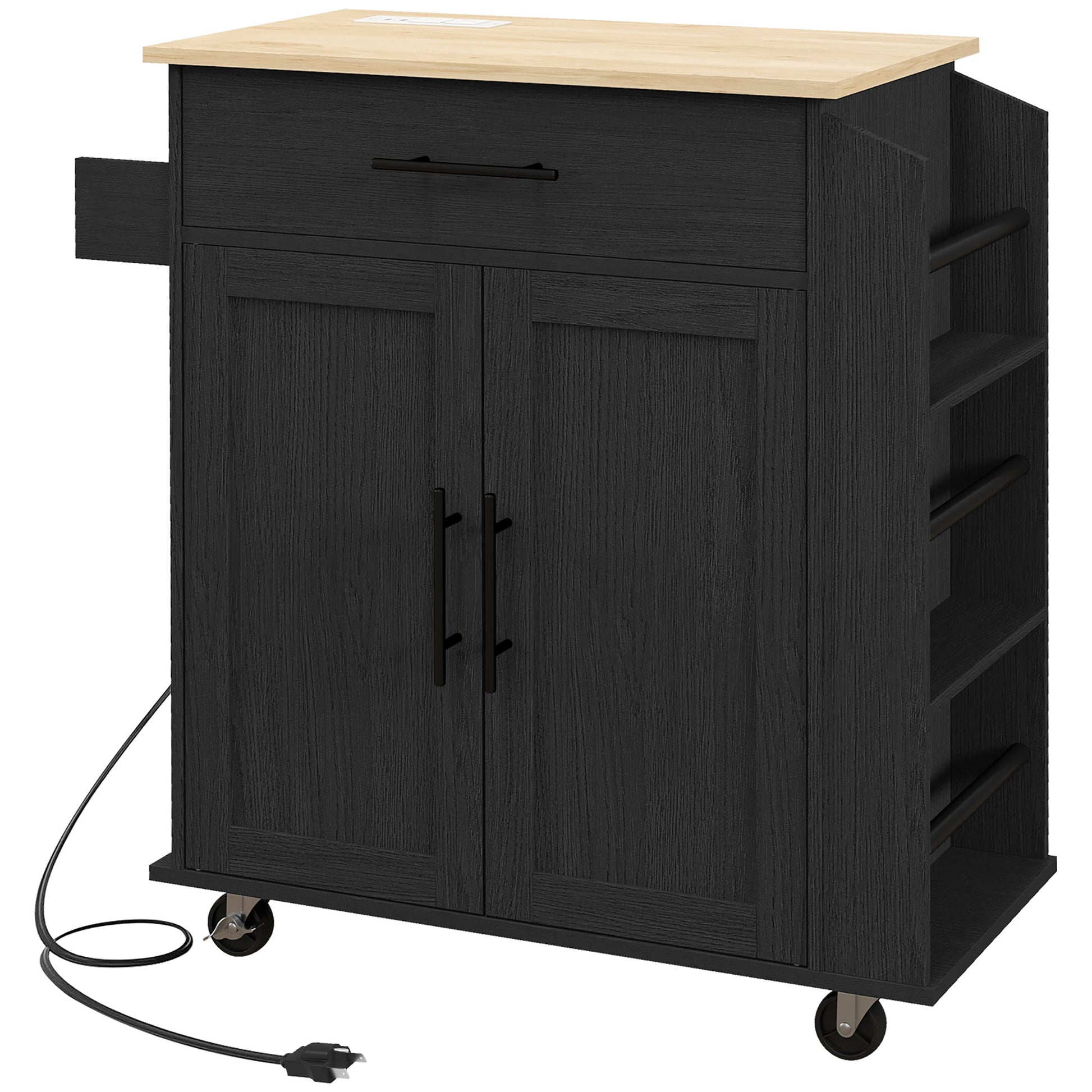 Black kitchen island with natural wood top and dual cabinet doors for storage