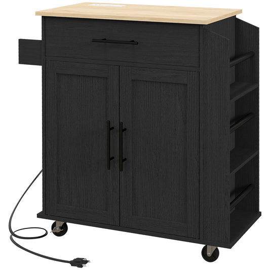 Black kitchen island with natural wood top and dual cabinet doors for storage