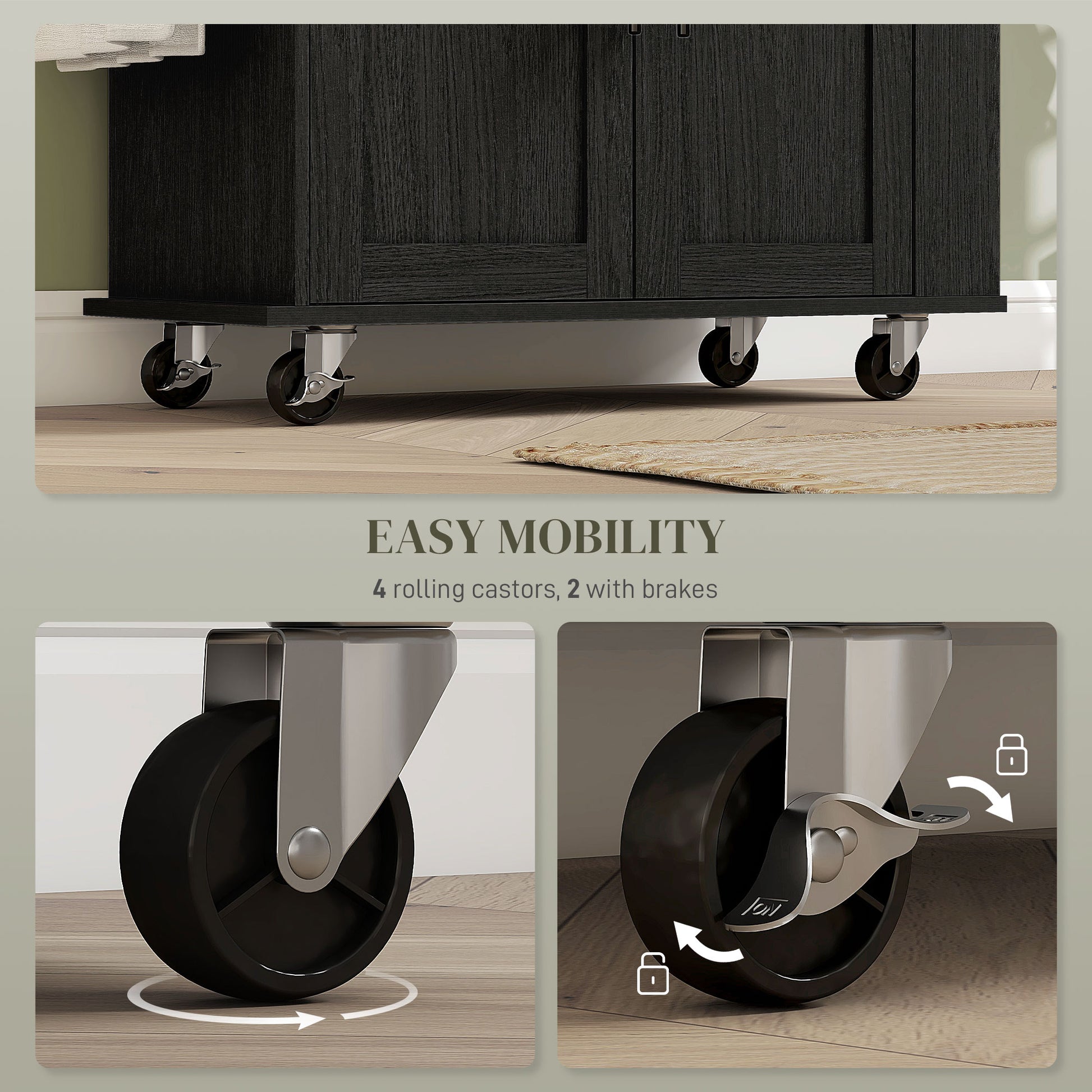 Black cabinet with  rolling castors  featuring brakes for stability