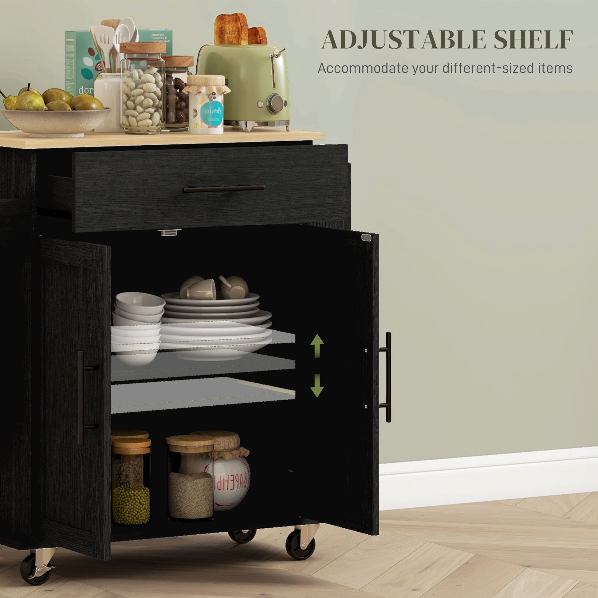 Black wood kitchen island cart with adjustable shelves and open storage